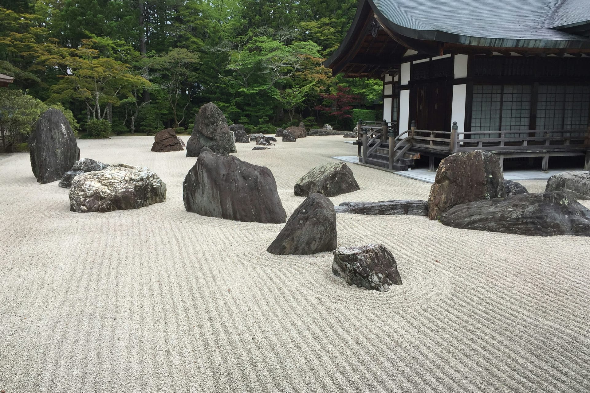 A raked Japanese zen rock garden